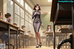 A woman in a business suit standing in front of a classroom full of students.